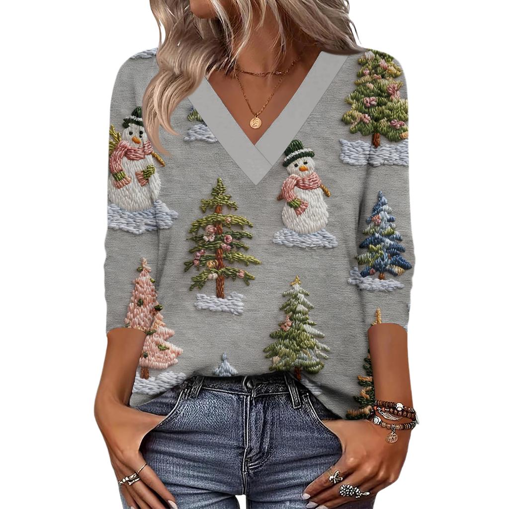 Women's Loose Comfortable Casual Fashion V-Neck Christmas Print 3/4 Sleeve Top