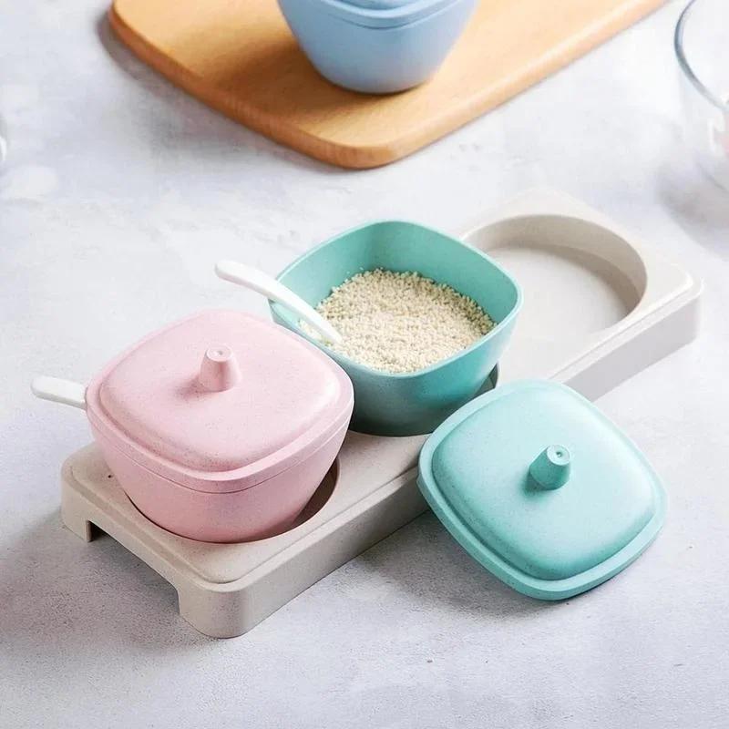 Wheat Straw Seasoning Box Plastic Spice Jar Kitchen Salt Condiment Cruet Storage Box Containers