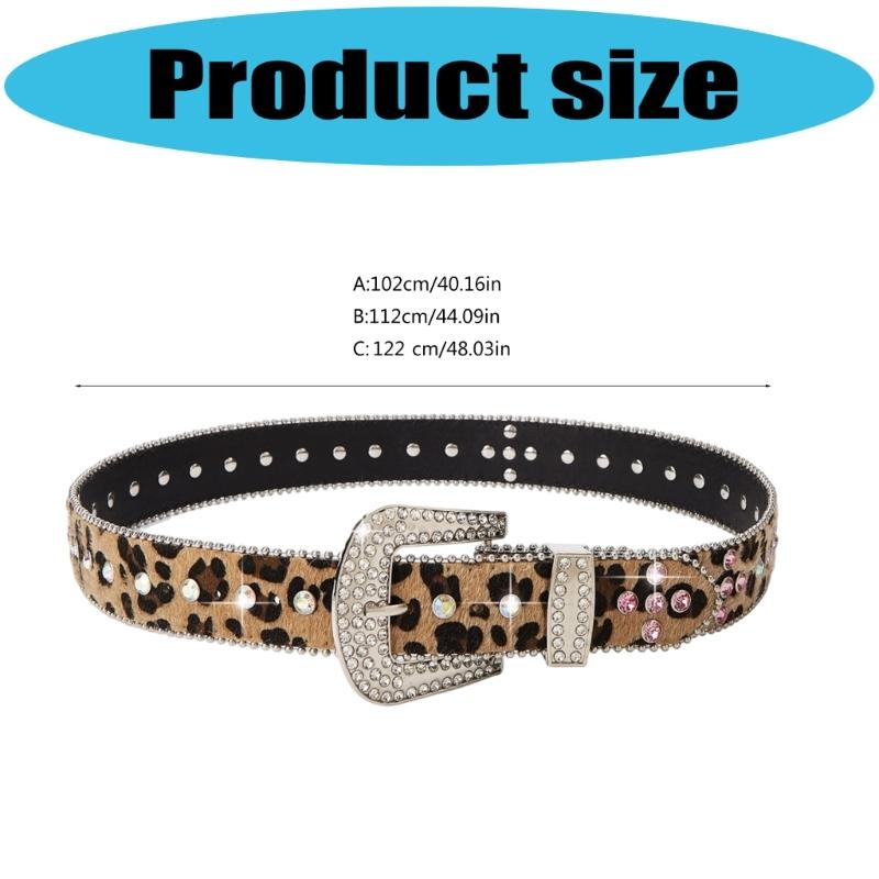Leopards Print Rhinestones Belt With Pin Buckles for Women and Men Soft PU Adjustable Waistband
