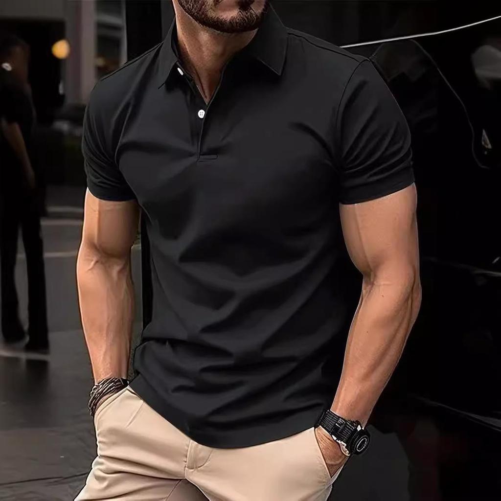 Men's Solid Color Button Short-Sleeve Polo Shirt