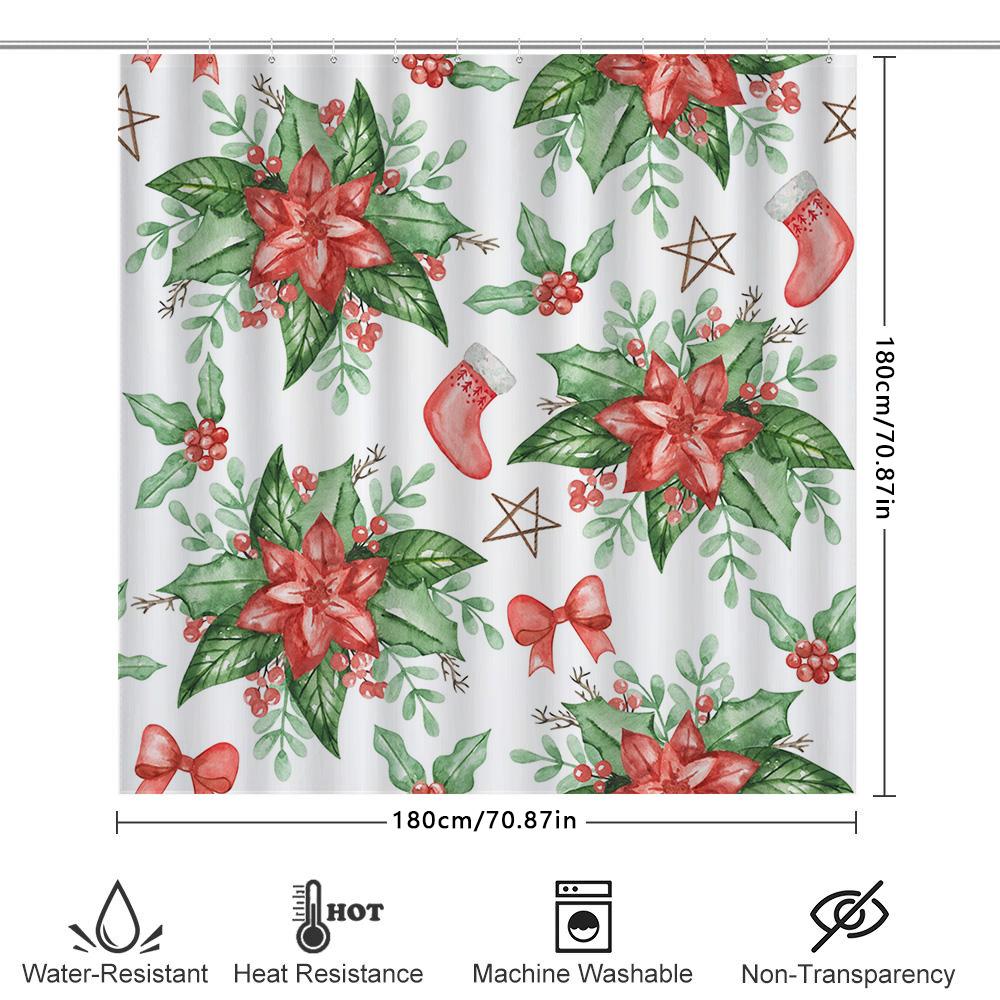 Christmas Shower Curtain With Red Flowers Green Leaves Xmas Stockings Bowknot Holiday Bathroom Decor Waterproof Curtains White B