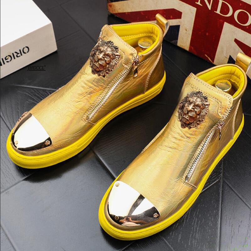 Fashion Gold Leather Men Sneakers Punk Casual Shoes Hip Hop Male High Tops Zip Ankle Boots Flats Zapatos Hombre A4