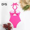 Women Monokini Padded Underwire Solid Color Halter One-Piece Bikini with Hollow Design Beach Vacation Swimwear