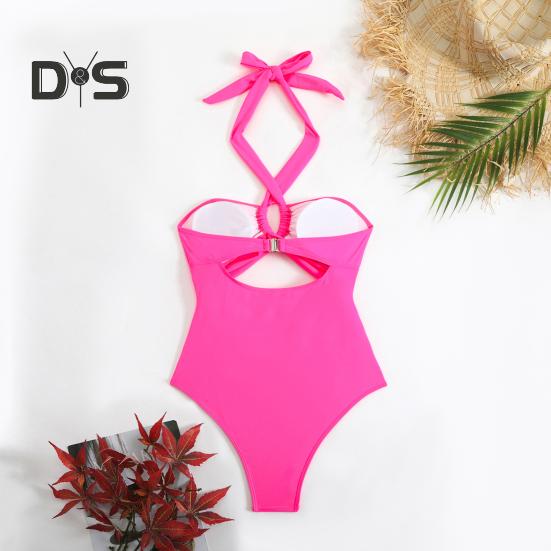 Women Monokini Padded Underwire Solid Color Halter One-Piece Bikini with Hollow Design Beach Vacation Swimwear