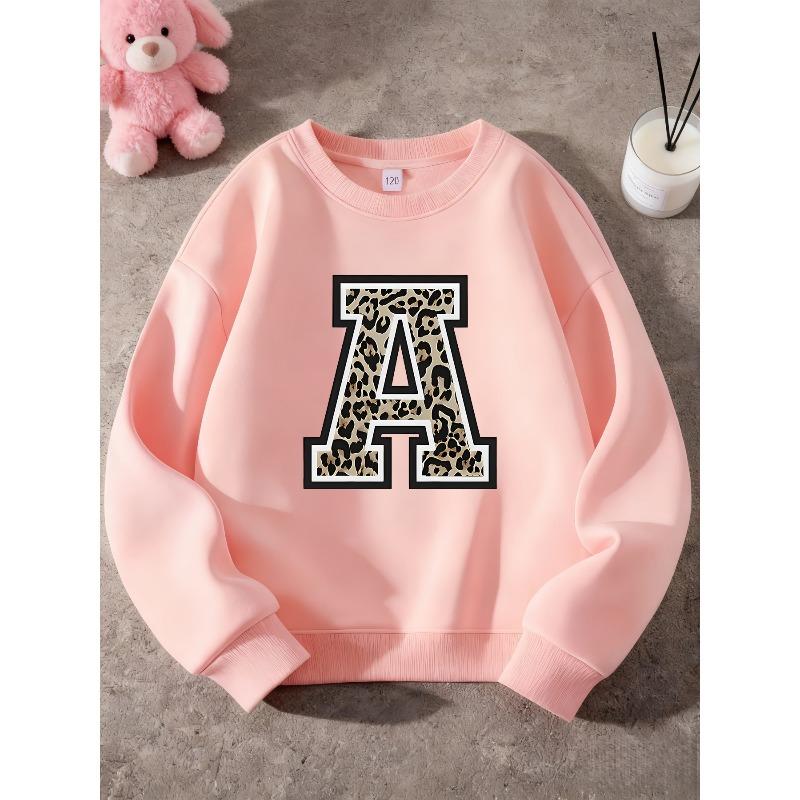 Oversized Round Neck Graphic Sweatshirt Kids Unisex with Black Greek Letter A & Leopard Print - Soft Sweater for, Casual Wear