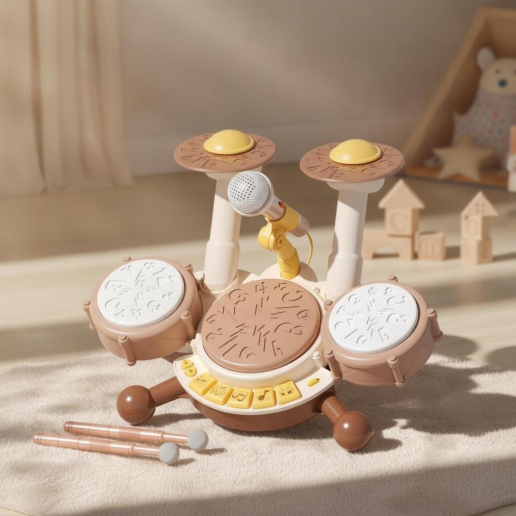 Children's Multi-Drum Musical Toy Soft Mallets Drum Station with Voice Pick-Up