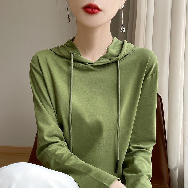 Women's Hooded Long Sleeve Sweatshirt Loose Fit Japanese Korean Casual Solid Color Cotton Spring Daily Versatile Layering Pullover Top