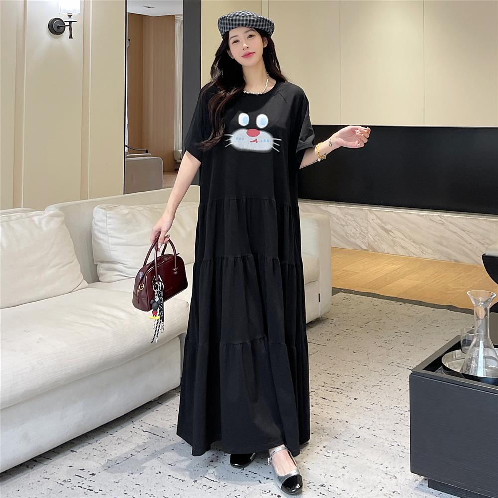 DIMANAF 2025 Sommer Übergröße Kleid Damen Lässig Vintage Druckkleid Basic Locker Lang Kurzarmkleid Baumwolle