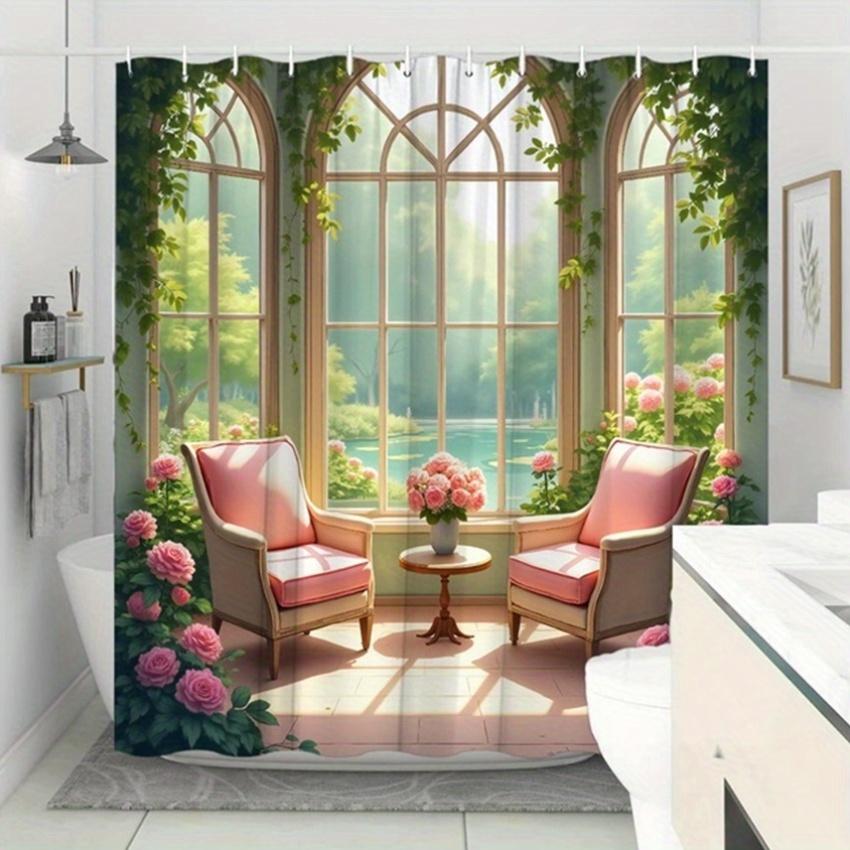 1pc Idyllic Garden Shower Curtain - Pink Roses, Sunlit Windows, Lush Greenery & Tranquil Pond, Romantic Spring Design,70.8x70.8"