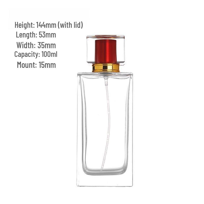 Transparent Glass Perfume Decanter with Press-Type Spray, 50/100ml, Flat Square Bayonet Design
