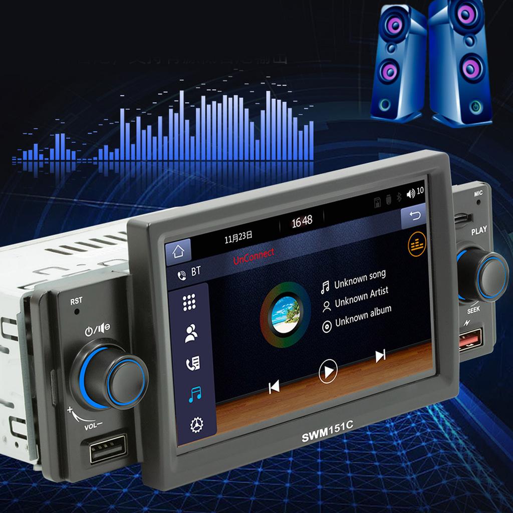 Single DIN Unit Receiver - In-Dash Car Stereo with 5" Multi-Color Touchscreen Display - Audio Video System
