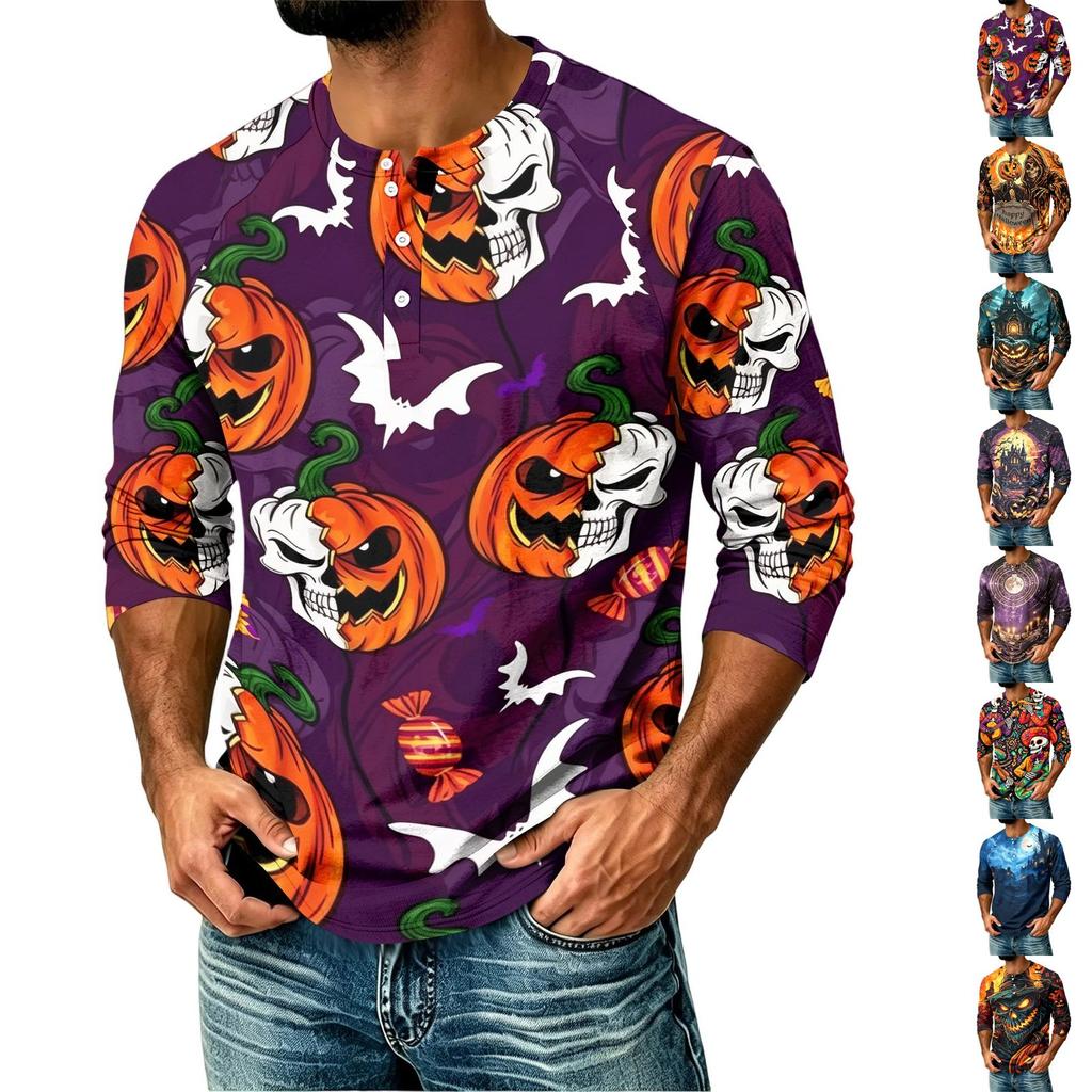 Men's Casual Raglan Three-Quarter Sleeve Shirt Halloween Print