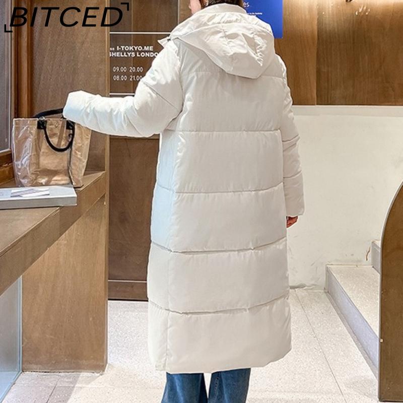 BITCED Long-Length Over-the-Knee Hooded Cotton Coat for Women Winter Oversized Cotton Jacket Thickened Warm Bread-Style Padded Coat