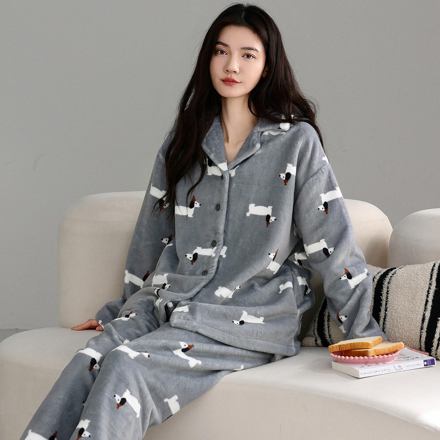 

Flannel Pajamas Women S Autumn And Winter Long-Sleeved Cardigan Thickened Fleece Coral Fleece Loungewear Set 2XL