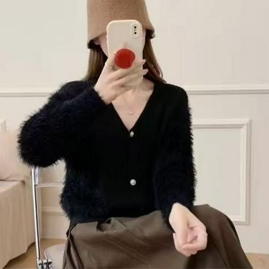 European Faux Mink Fur V-neck Knit Cardigan - Soft, Loose, and Plush for Autumn/Winter 2026