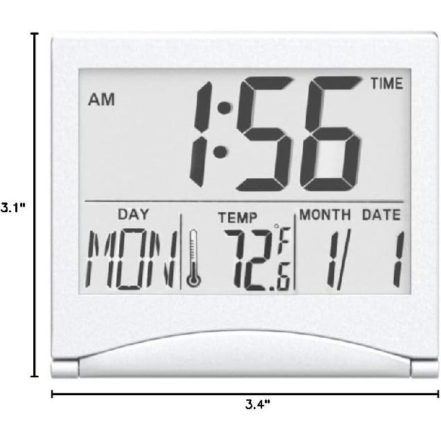 Digital Travel Alarm Clock Battery Operated, Portable Large Number Display Alarm Clock with Temperature,12/24 H Small Desk Clock -Silver (NO Light)
