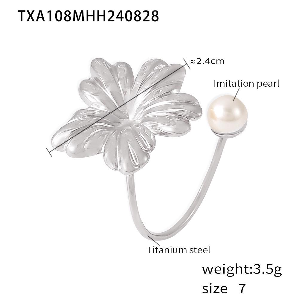 Pearl Flower 18K Gold Adjustable Titanium Steel Ring & Fashion Earrings Set