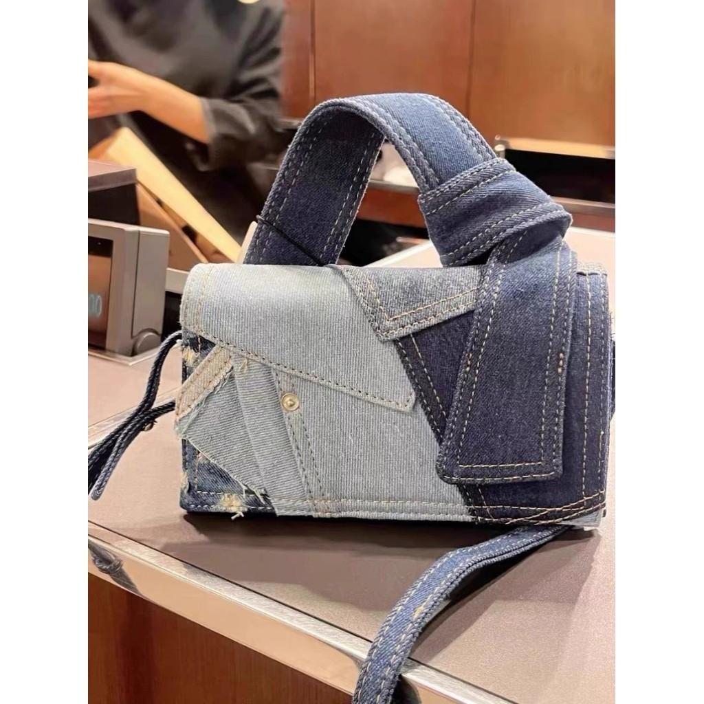 IELGY Niche Versatile Denim Spliced Oblique Span Bag, Commuter Portable Small Square Bag, Korean Casual Shoulder Bag