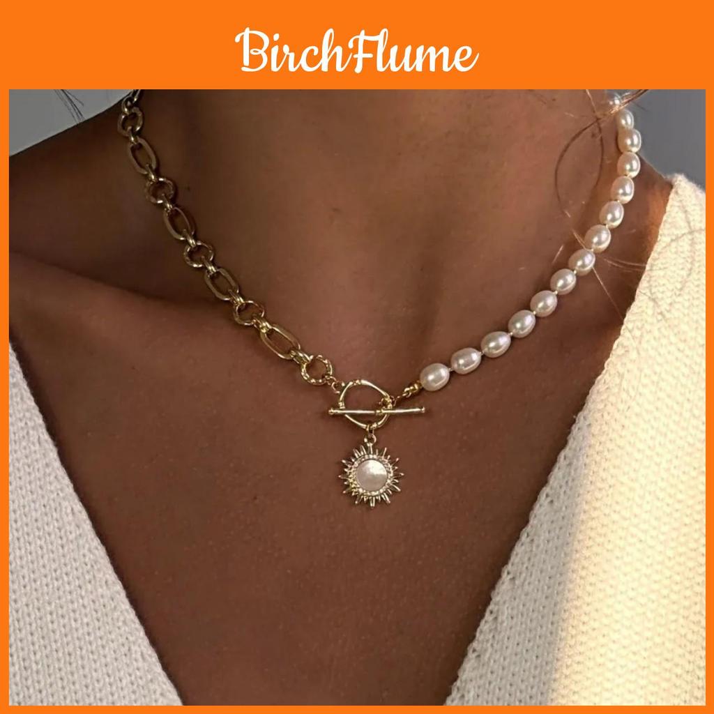 Chain Necklace With Faux Pearl Pendant And Sun Star Motifs For Women