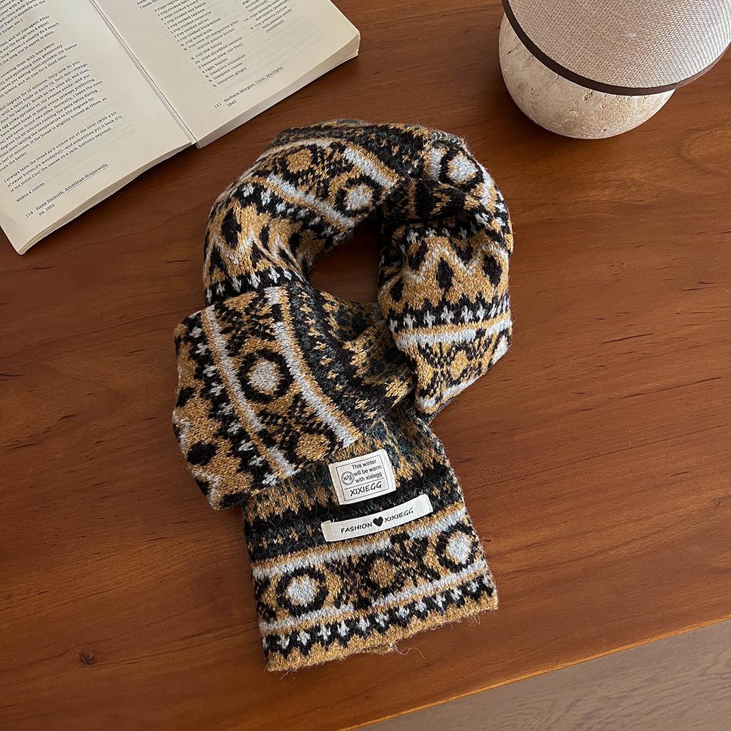 New High-end Casual Versatile Thickened Warm Scarf Winter Fair Island Style Retro Jacquard Knitted Scarf Women