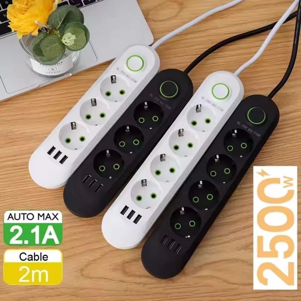 2m Extension Cord EU Plug Socket 3 USB Ports AC Outlet Multiprise Power Strip Office Power Supply