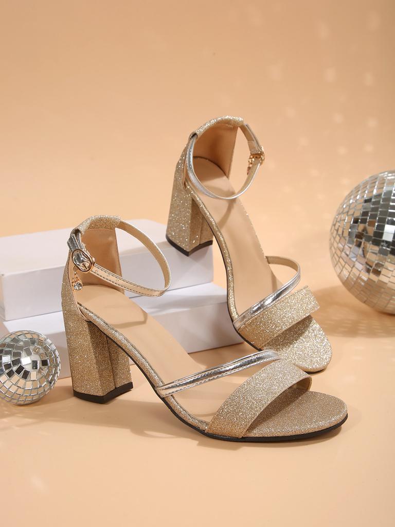 2025 Ny Sommar Elegant Högklack Tjock Klack Metall En-ordsspänne Mode Spänne Sandaler Mammaskor Kvinnor JQ
