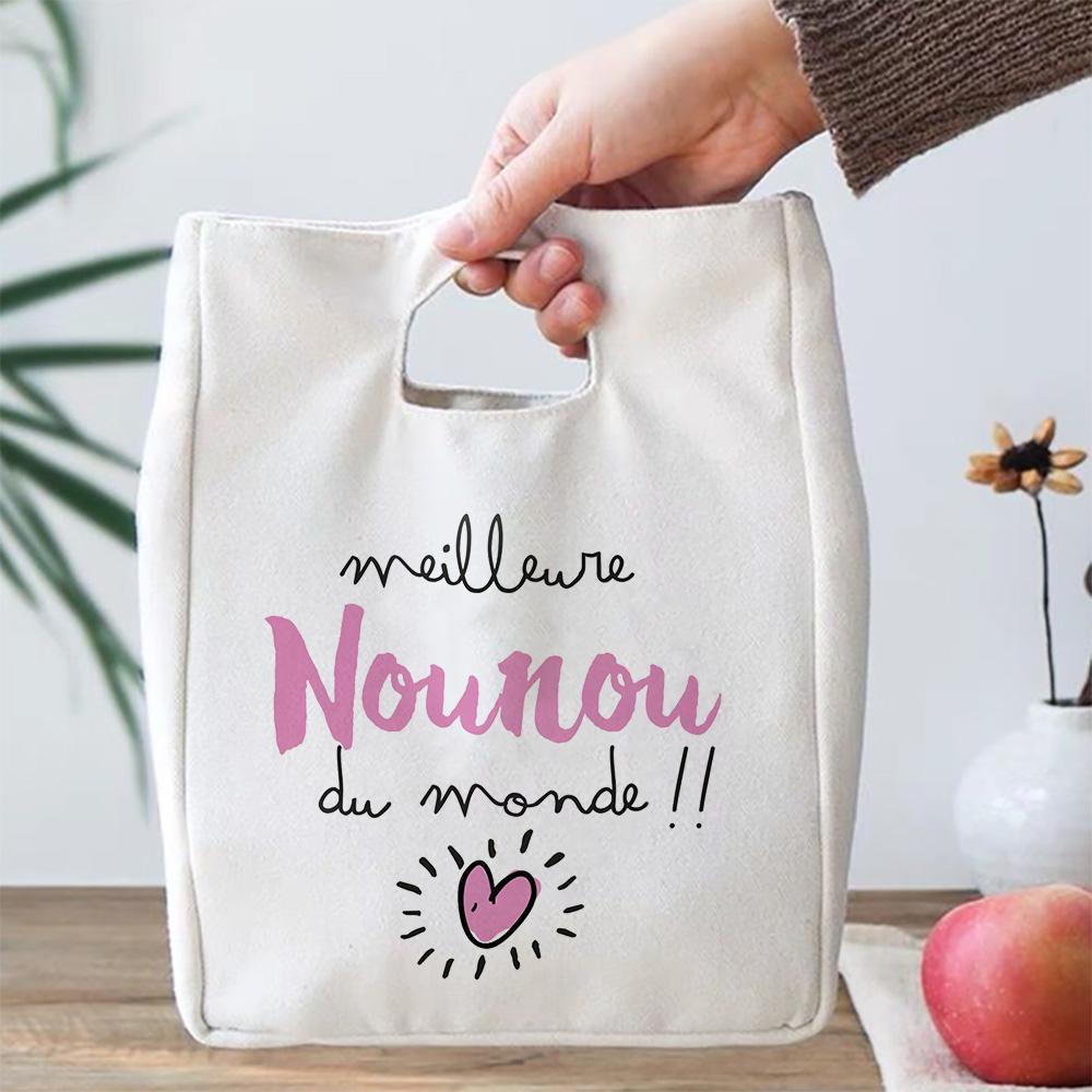 Beste Nanny der Welt Aufdruck Lunchtasche Tragbar Isoliert Canvas Kühltasche Bento Tasche Thermisch Lebensmittelaufbewahrungstaschen Geschenk für Nounou