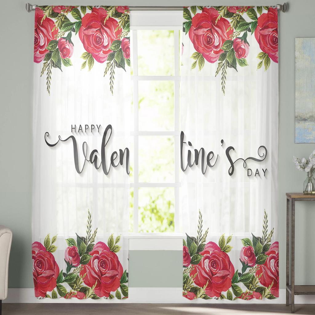 Valentine Flower Red Rose Tulle Curtains For Living Room Bedroom Home Decor Chiffon Sheer Voile Kitchen Curtain
