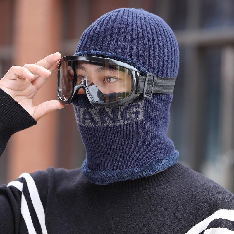 

Мужская шерстяная шапка с бархатной подкладкой, защитными очками и наушниками — теплая, защищает от холода и идеально подходит для езды на велосипеде. Plus Velvet Warm, Windproof темно-синий