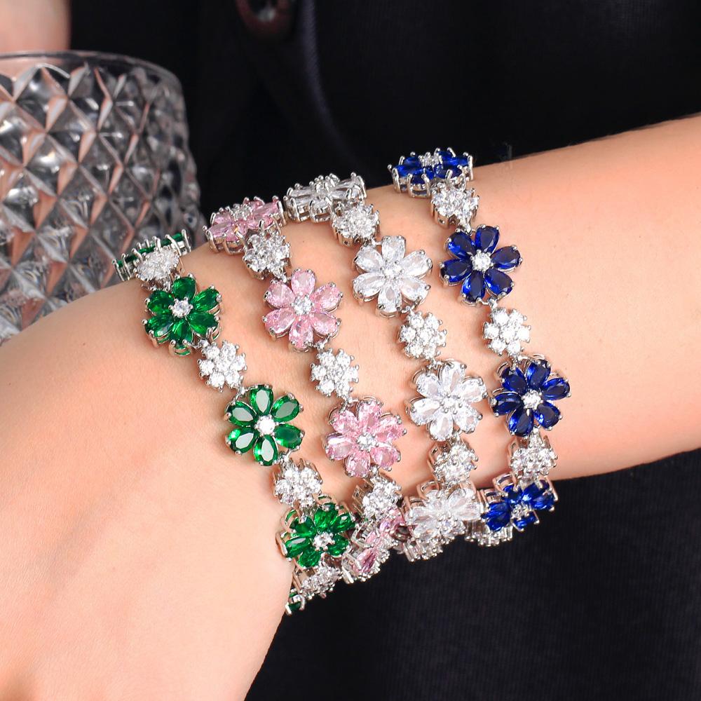 CMM Gorgeous Gold Color Green Cubic Zirconia Flower Charm Link Women Wedding Party Bracelets Jewelry Gift