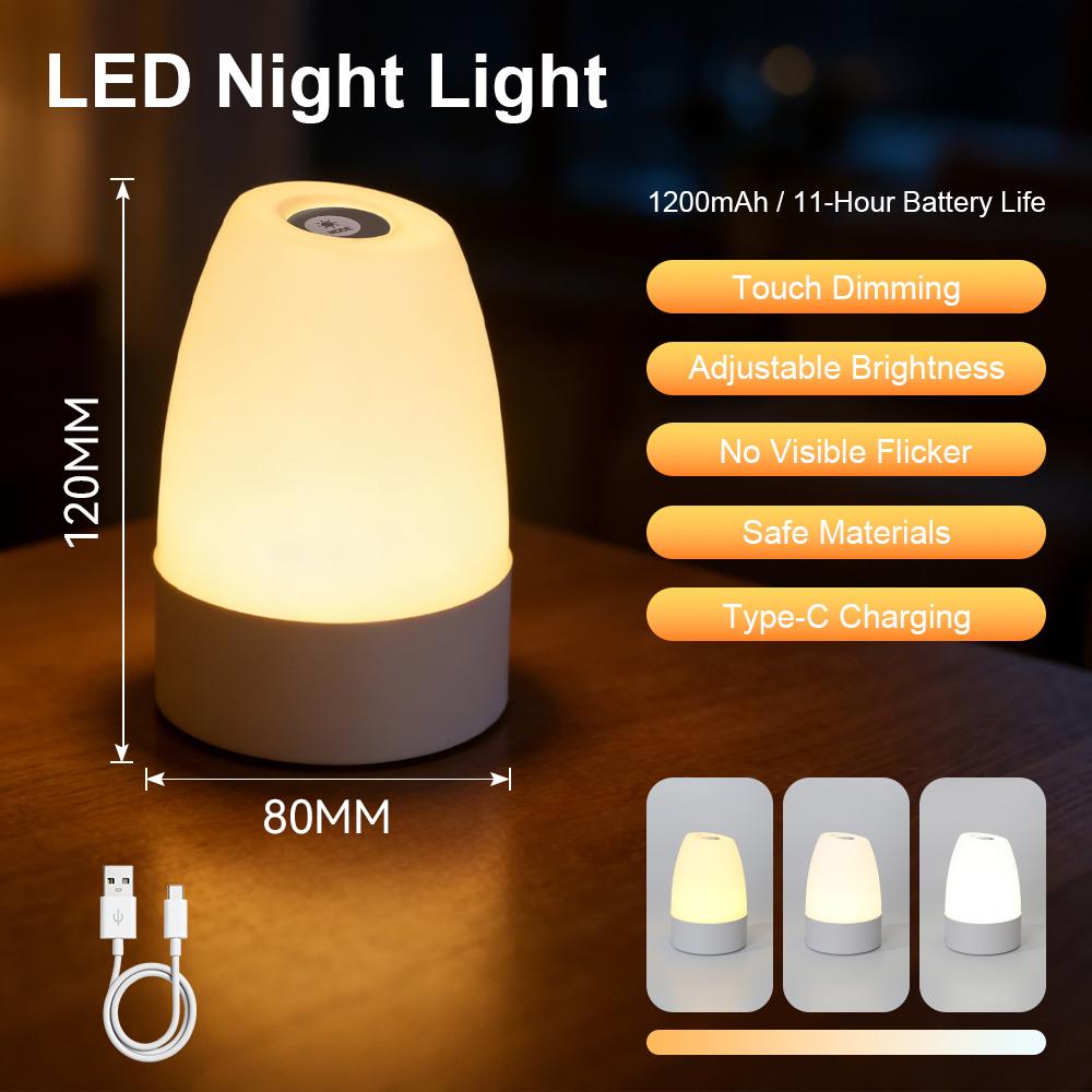 Touch Night Light Bedroom Table Lamp 3 Modes Dimming Rechargeable Night Lamp Ambient Light Soft Light Bedside Lamp For Kids Gift