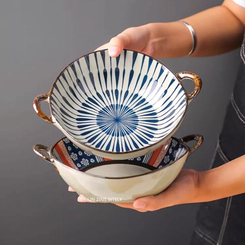 1PC Japanese Style Double-handle Soup Bowl Ceramic Noodle Bowl Kitchen Tableware Pasta Salad Bowl Home Microwave Oven Bakware