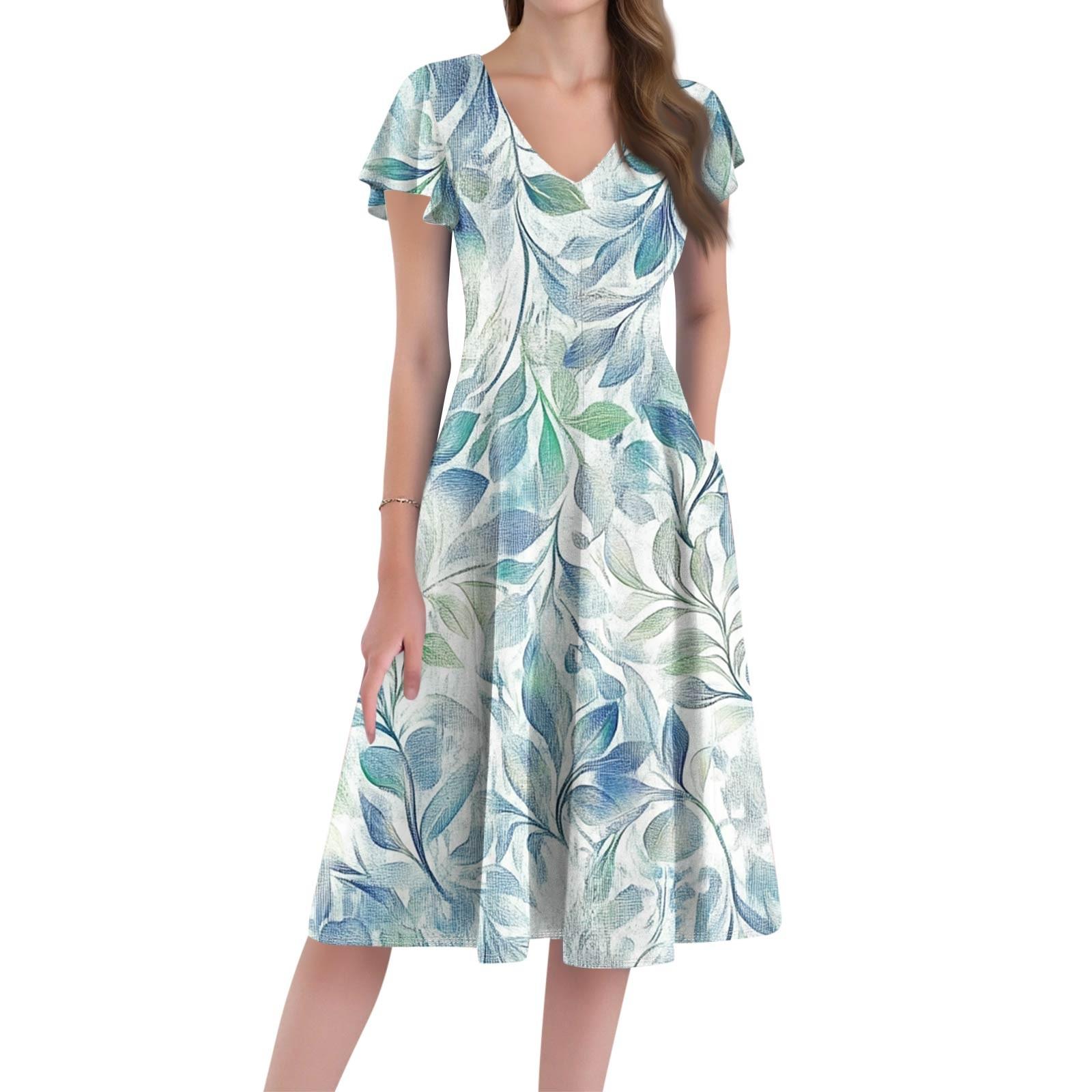 

Повседневное и модное платье средней длины с V-образным вырезом, короткими рукавами и цветочным принтом для женщин XL