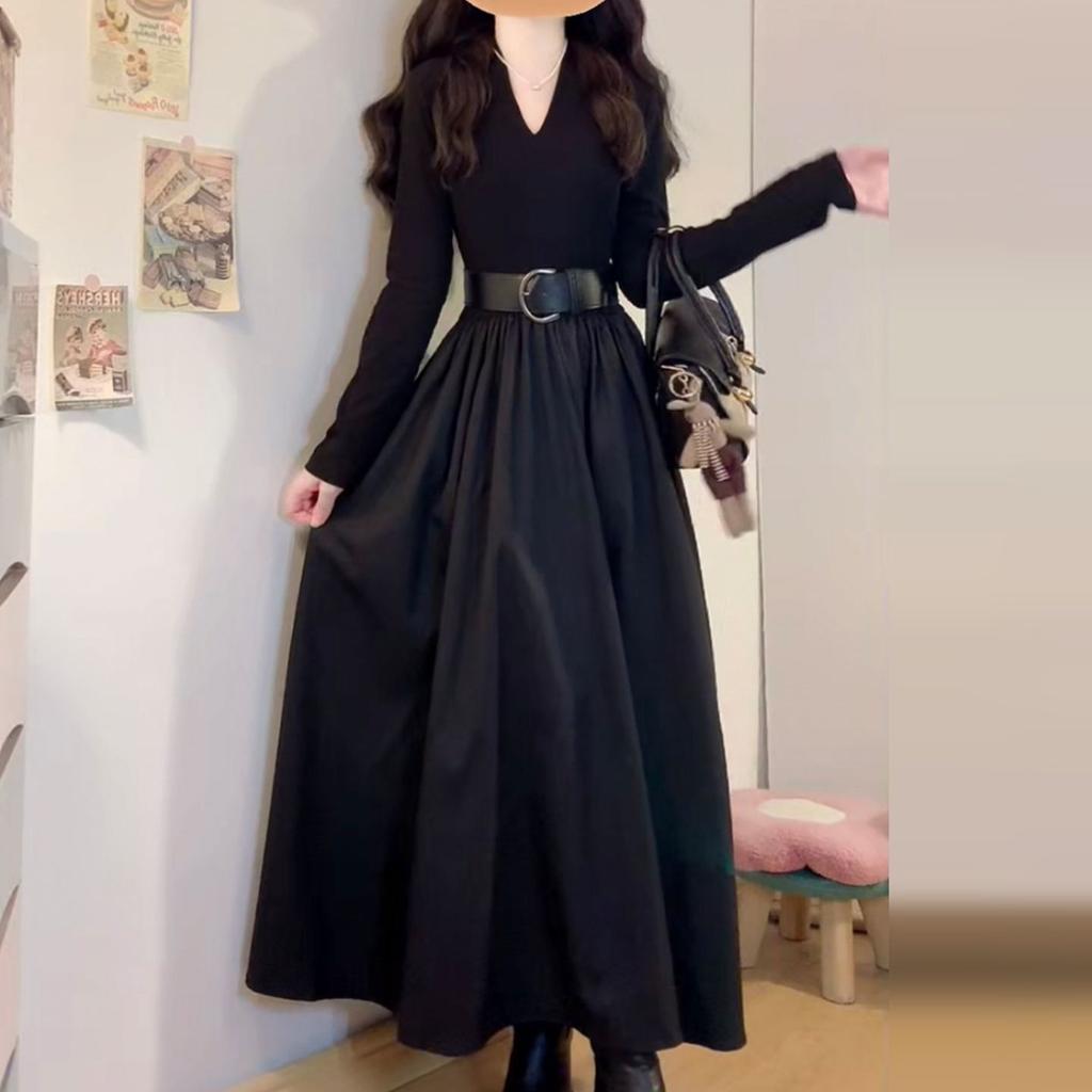Hepburn French Temperament Black Long-sleeved Dress Women's New Early Autumn Wear V-neck Long Dress