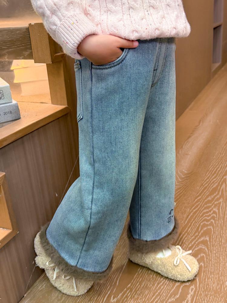 Flickors fleecefodrade kattbyxor: Vinter 2025 Raka Jeans