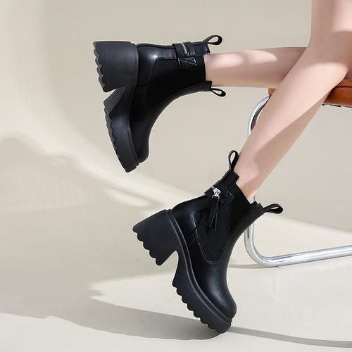 Fashion Women High Heels 8CM Thick Heel Ankle Boots Leather Chunky Shoes Autumn Winter Woman Punk Boots Platform Sneaker Botas Designer