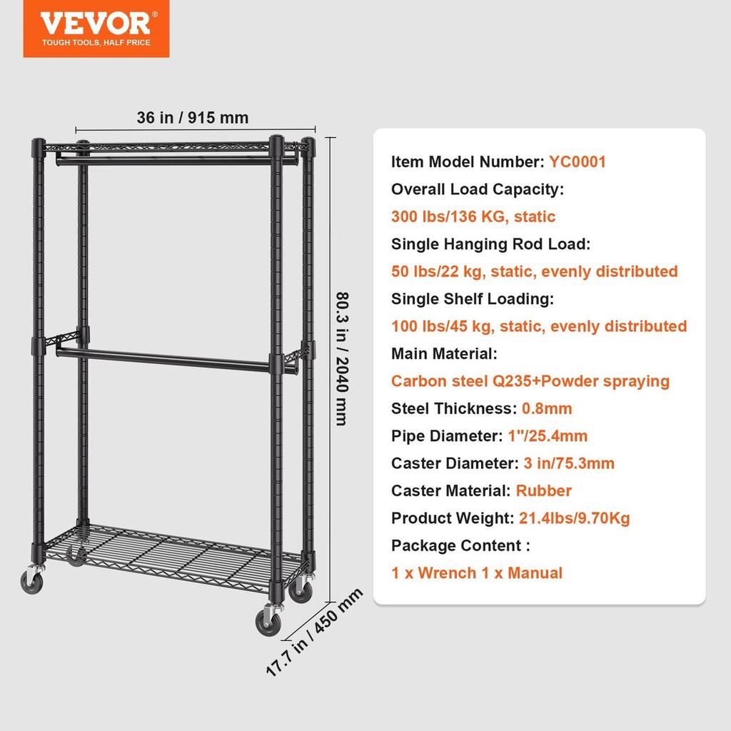 Heavy Duty Clothes Rack, Double Hanging Rods Clothing Garment Rack with Bottom and Top Storage Tier, Rolling Clothing Rack for Hanging Clothes, 1''