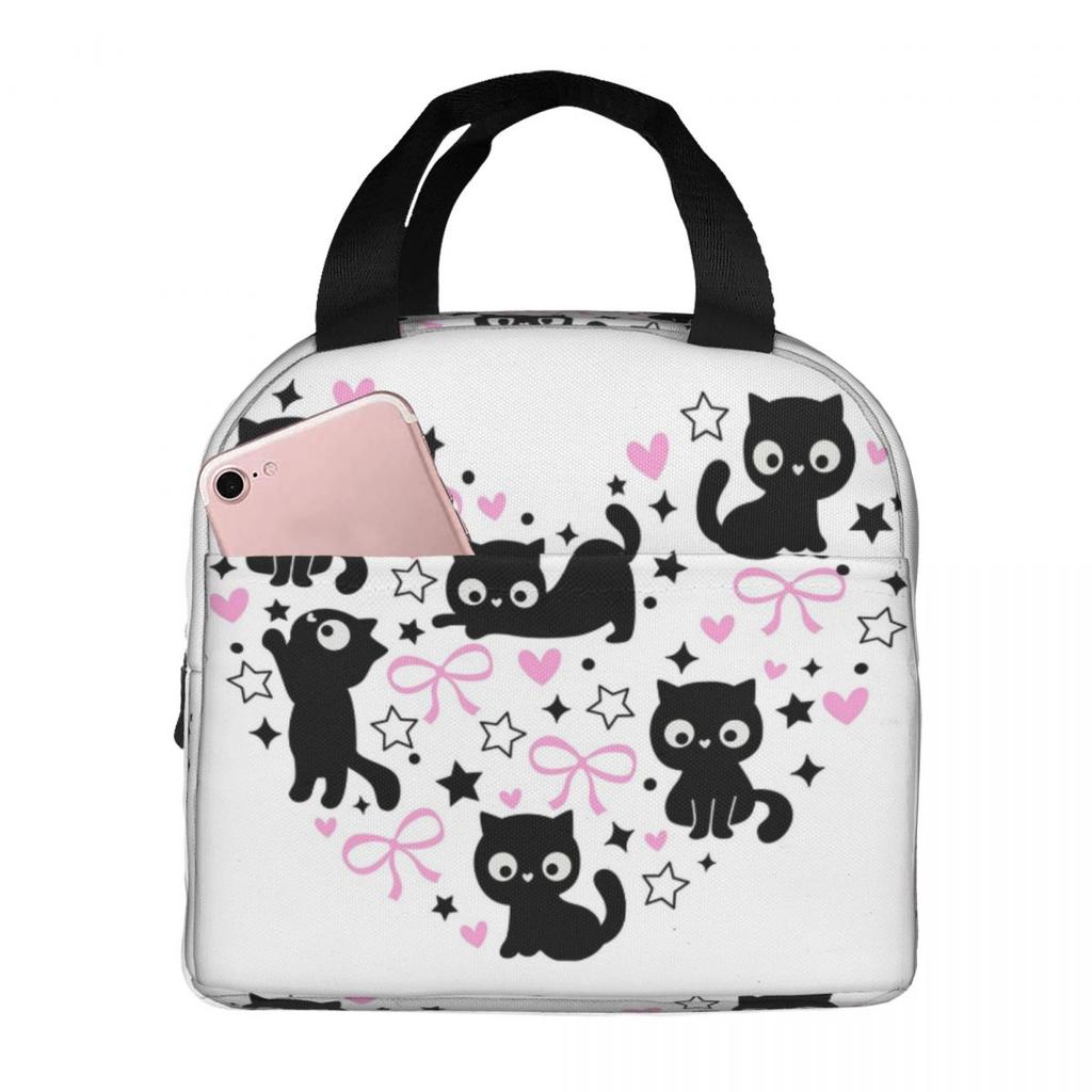 Cute Kitten With Bow Pattern Insulated Lunch Bag for Women Children Portable Food Boxes Thermal Lunch Box Tote