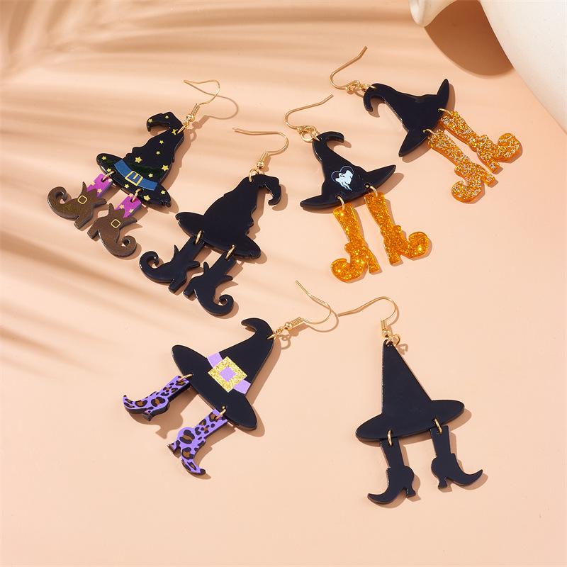 European and American cross-border new funny Halloween hat earrings acrylic personalized wizard hat boots earrings