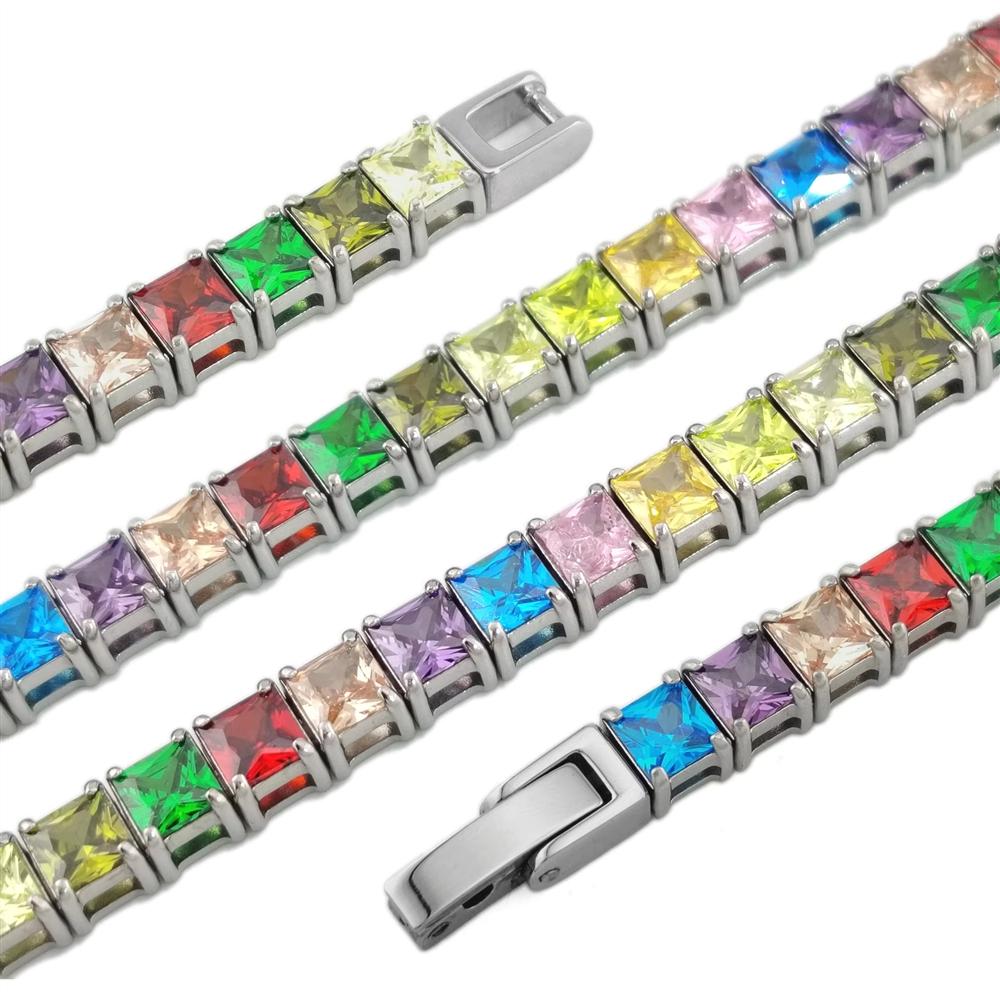 316L Stainless Steel Square Colorful CZ Tennis Bracelet Anti Tarnish Waterproof Rainbow Jewelry for Women