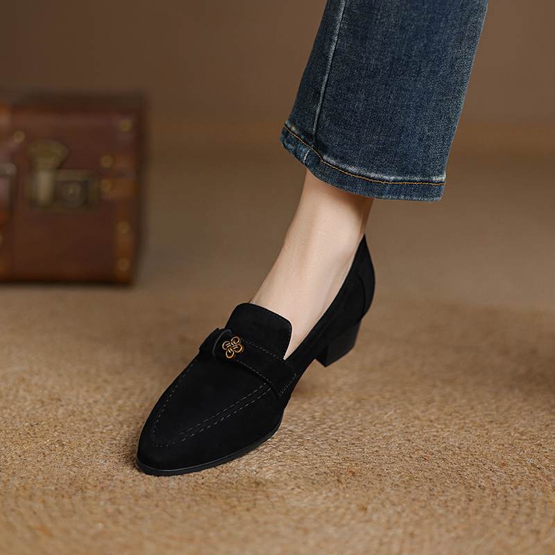 Krazing Pot Sheep Suede Autumn Winter Shoes Metal Decoration Loafers Med Heels Slip On Size 42 Round Toe Slip On Deep Mouth Pumps