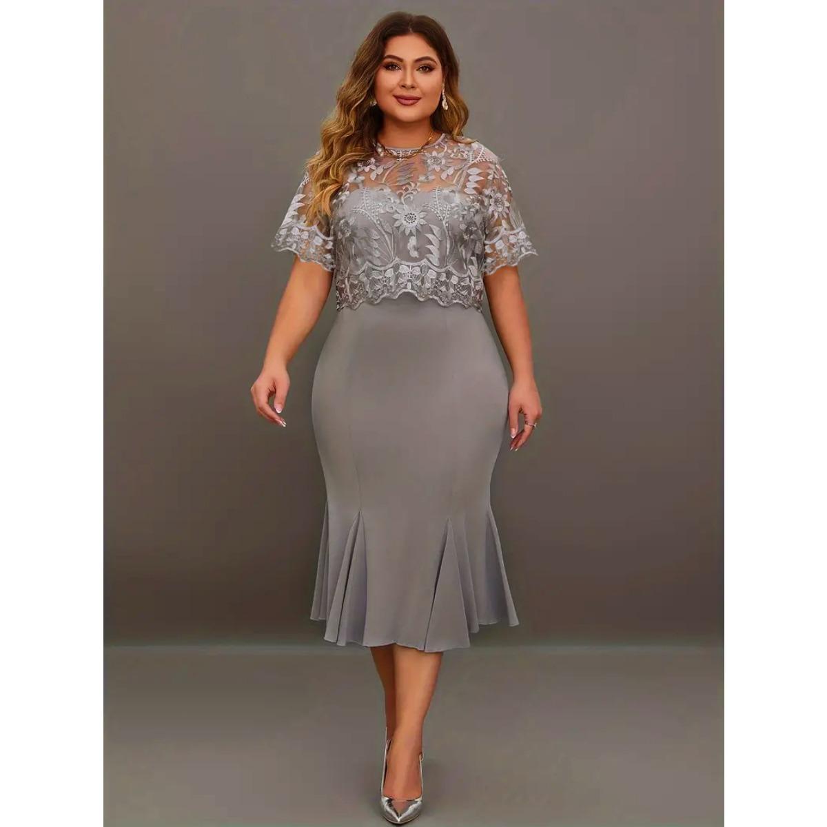 Plus Size Embroidered Patchwork Bodycon Dress, Slimming Casual Sundress, Hot Selling for Women Cross-border S