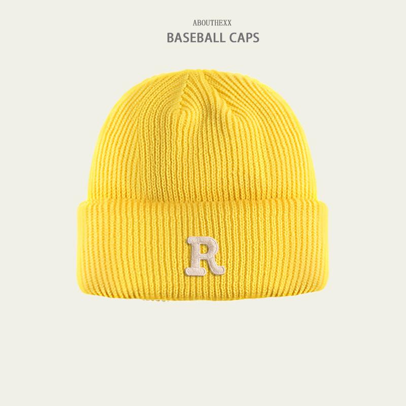 Hats for Women's Autumn and Winter New Warm Knitted Hat Korean Version Versatile R Letter Wool Hat Couple Head Hat Men's Trend