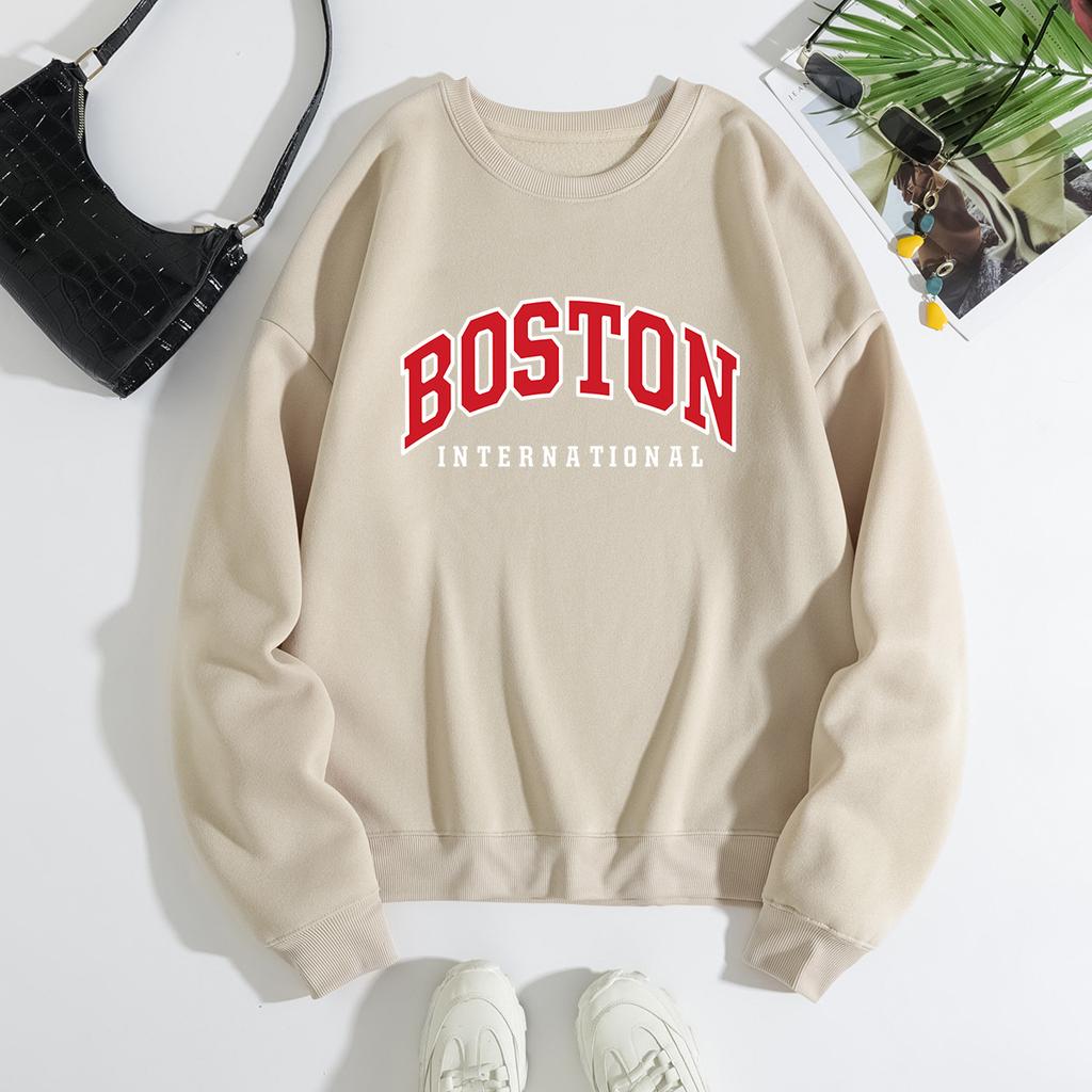 Autumn Letter "Boston International" Printed Hoodies Fashionable Casual Classic Sports Long Sleeved Women's Hoodies