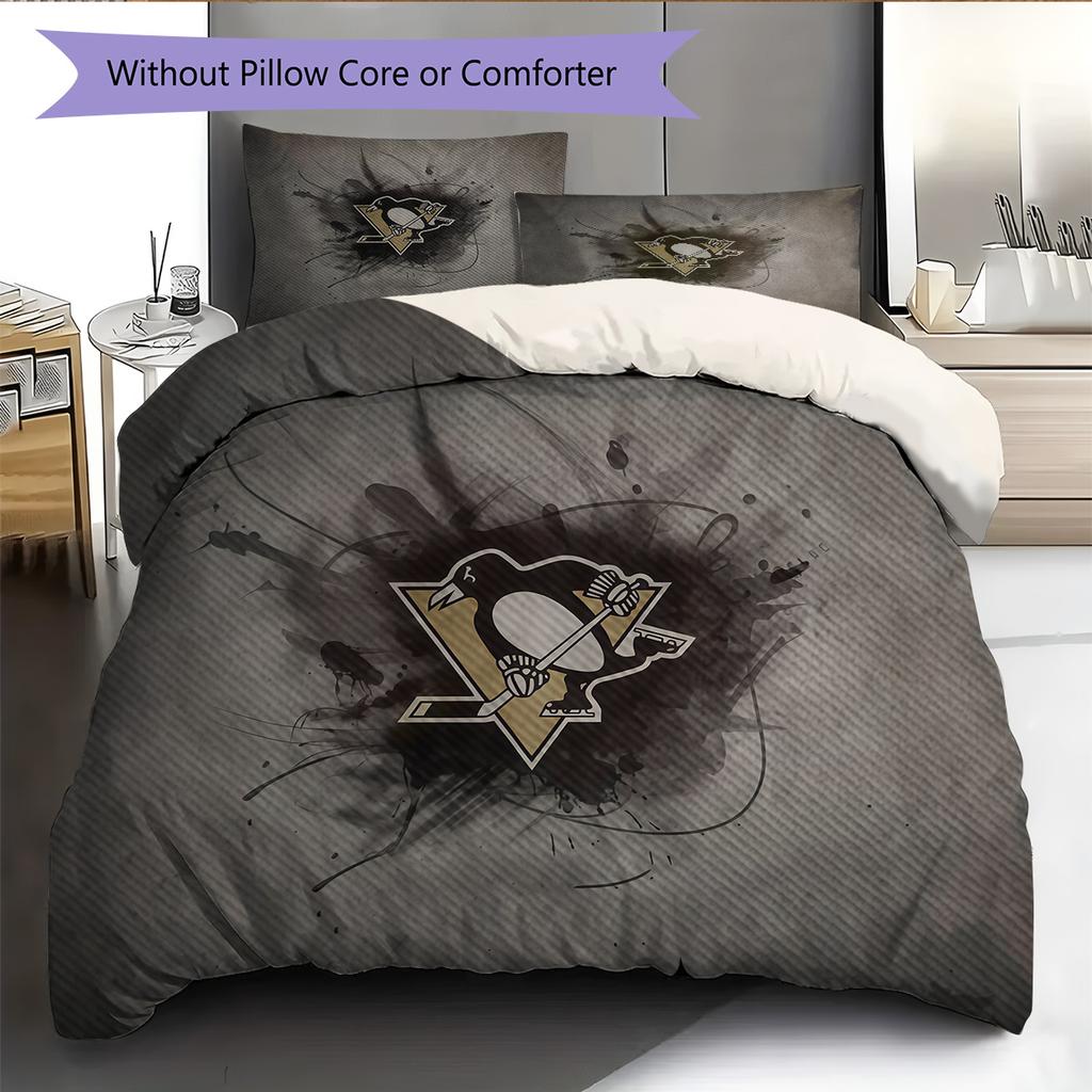 Pittsburgh Penguins Pattern Bedding Quilt Set Home Decoration Gift (1 * Duvet Cover + 2 * Pillowcase Without Core)