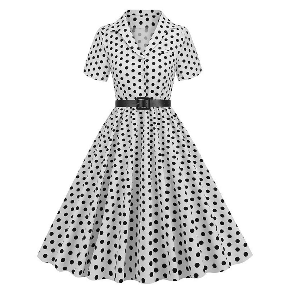Damen Lapel Kurzarm Maxikleid A-Linie Mittlere Taille Gepunktetes Schwingkleid Vintage Freizeitkleid Mit Gürtel