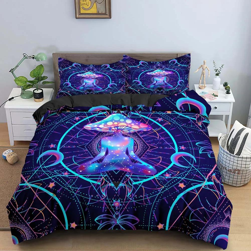 Blue Purple Beding Mushrom Soft Duvet Cover Set Fantasy Galaxy Sky Mushrom Design Psychedelic Young Boys Young Girls Gifts Bedrom Decoration