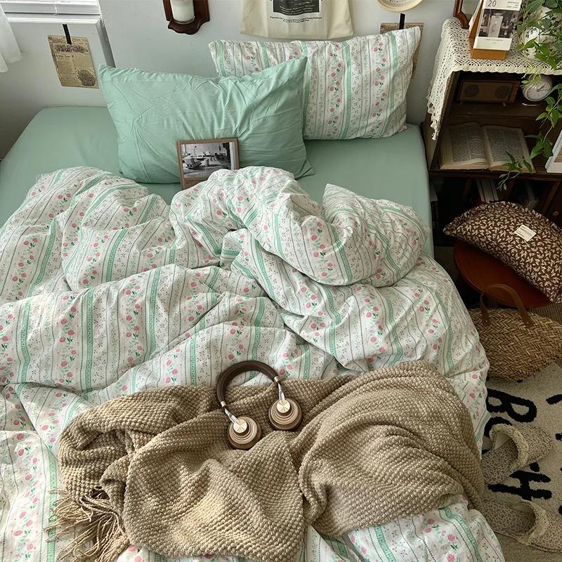 Cartoon Pattern Printed Super Soft Bedding Sets Washed Cotton Cozy Breathable Bedsheet with Pillowcase Adult Child Comfort Set