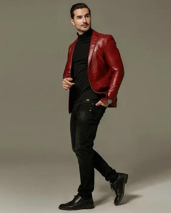 

Настоящая овчина натуральная кожа стильный деловой формальный красный мужской блейзер ручной работы L