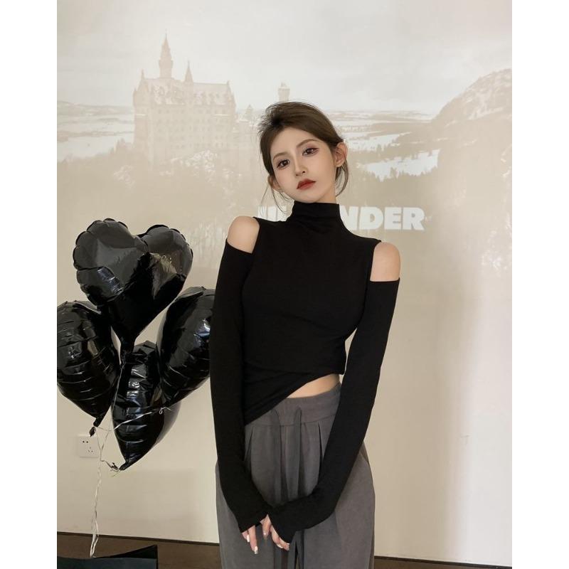 Herbst Neues Modisches Rollkragen Unterhemd Damen Langarm T-Shirt Off-Shoulder Design Top